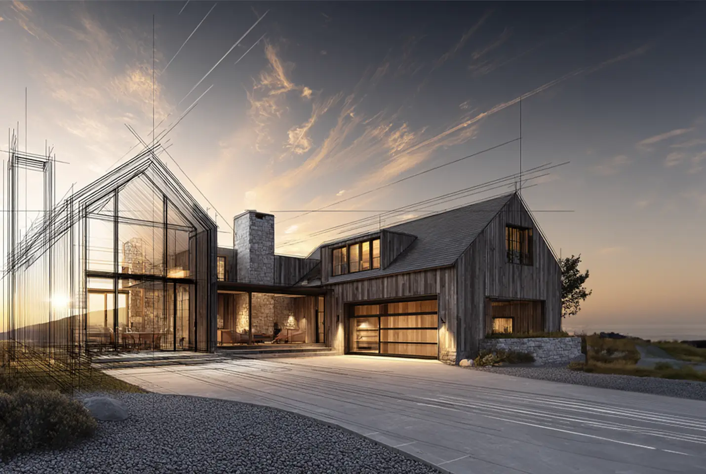 A modern house at sunset with sketch lines on the left blending into the finished building, featuring large windows and a stone chimney.