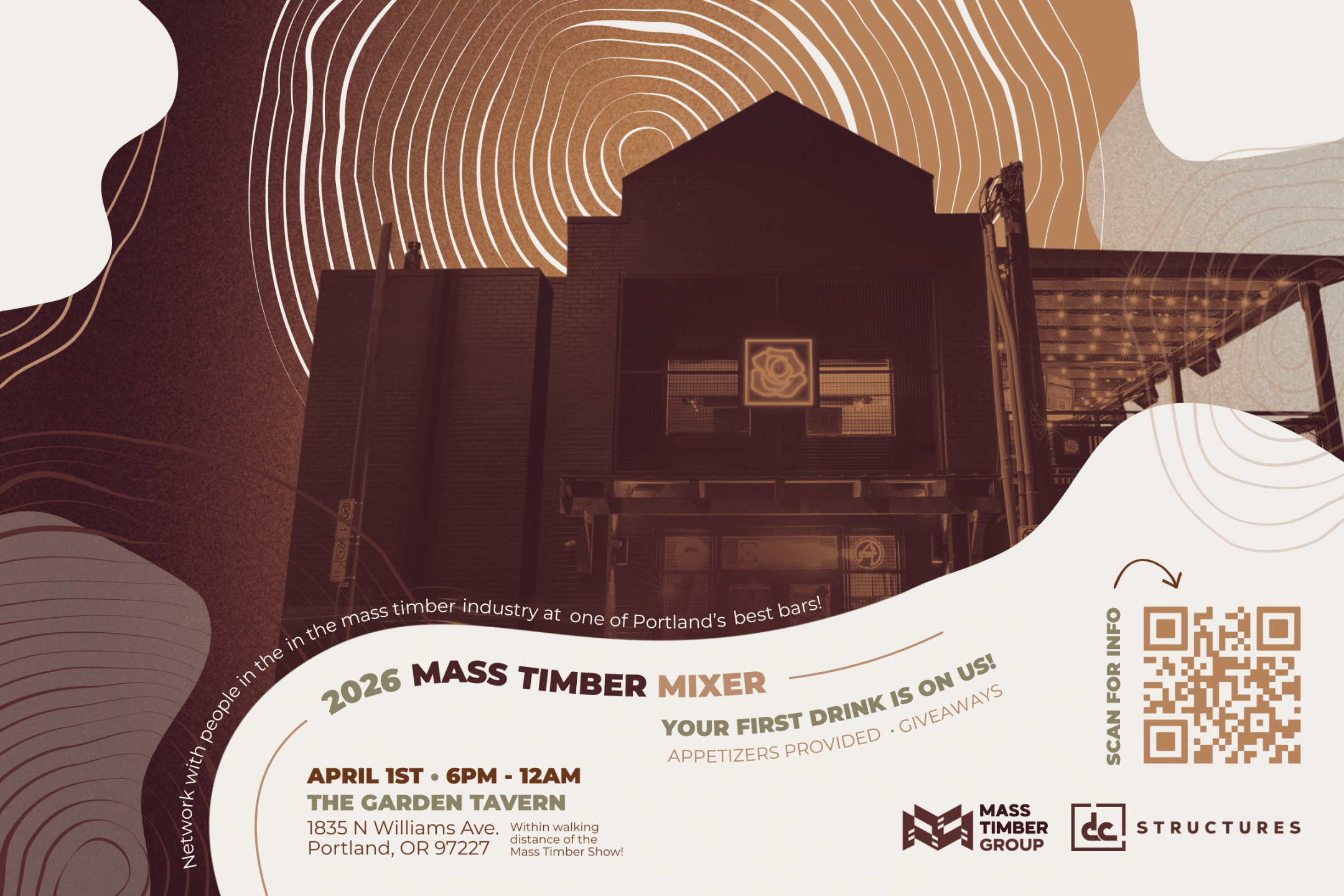 2026 Mass timber mixer (1) Promotional flyer for the 2026 Mass Timber Mixer at The Garden Tavern in Portland, Oregon, showing a stylized bar exterior, event details, and QR code.