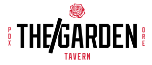 Garden-Logos-black Bold black text with a slash through THE/GARDEN, a red rose above, TAVERN in red below, PDX and ORE vertically on each side in red.