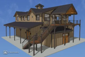 A 3D rendering of a two-story barn-style house with wood siding, dark metal roof, large stairs, balconies, and several windows.
