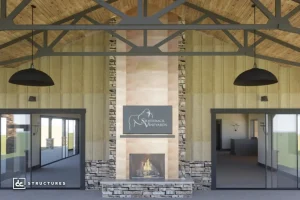 A modern rustic interior with high wood ceilings, exposed metal beams, and a stone fireplace, flanked by large windows and black hanging light fixtures.