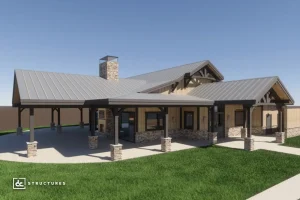 A modern barn-style house with a metal roof, stone chimney, covered porch, wooden beams, and stone pillars on green grass.