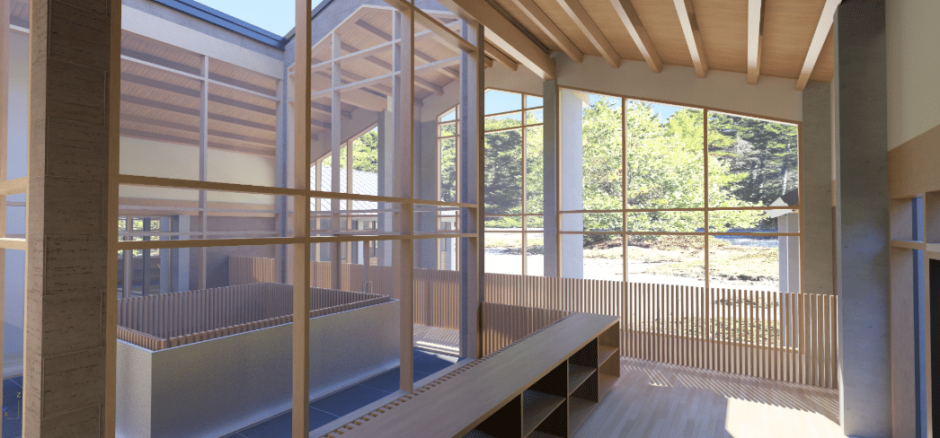 Interior of a modern building with floor-to-ceiling windows, wooden beams, and natural light. Trees and greenery visible outside.