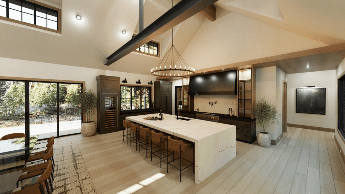 Spacious modern kitchen with high ceilings, large island and stools, chandelier, dining area, big windows, and outdoor view.