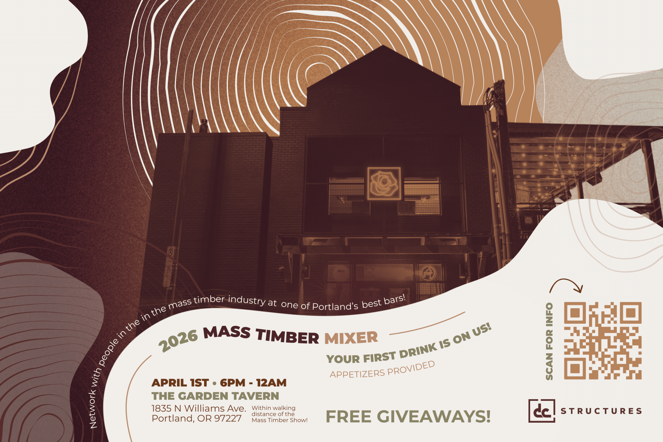 Event flyer for the 2026 Mass Timber Mixer at The Garden Tavern, Portland, April 1st, 6PM–12AM. First drink free, appetizers, giveaways.