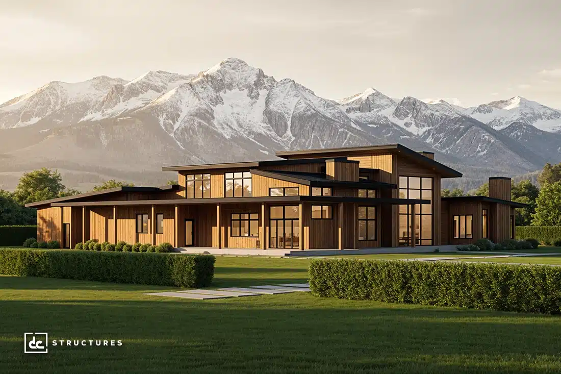 A modern wooden house with large windows sits on a manicured lawn, hedges nearby, and snow-capped mountains in the background.