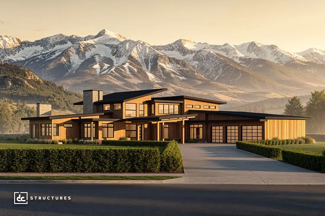 A modern wooden house with large windows and multiple rooflines sits before snow-capped mountains, surrounded by greenery.