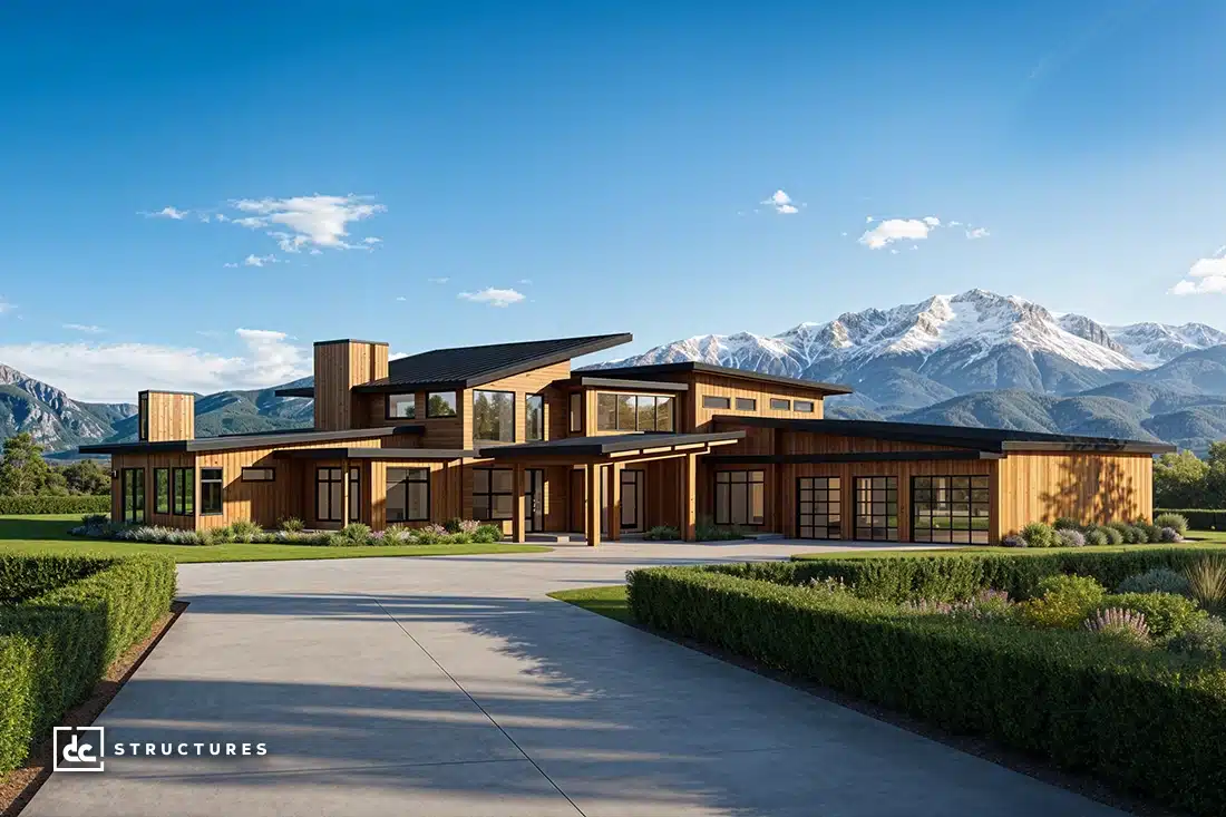 A modern wood-clad house with large windows and multiple rooflines sits before scenic mountains, surrounded by manicured lawns and bushes.