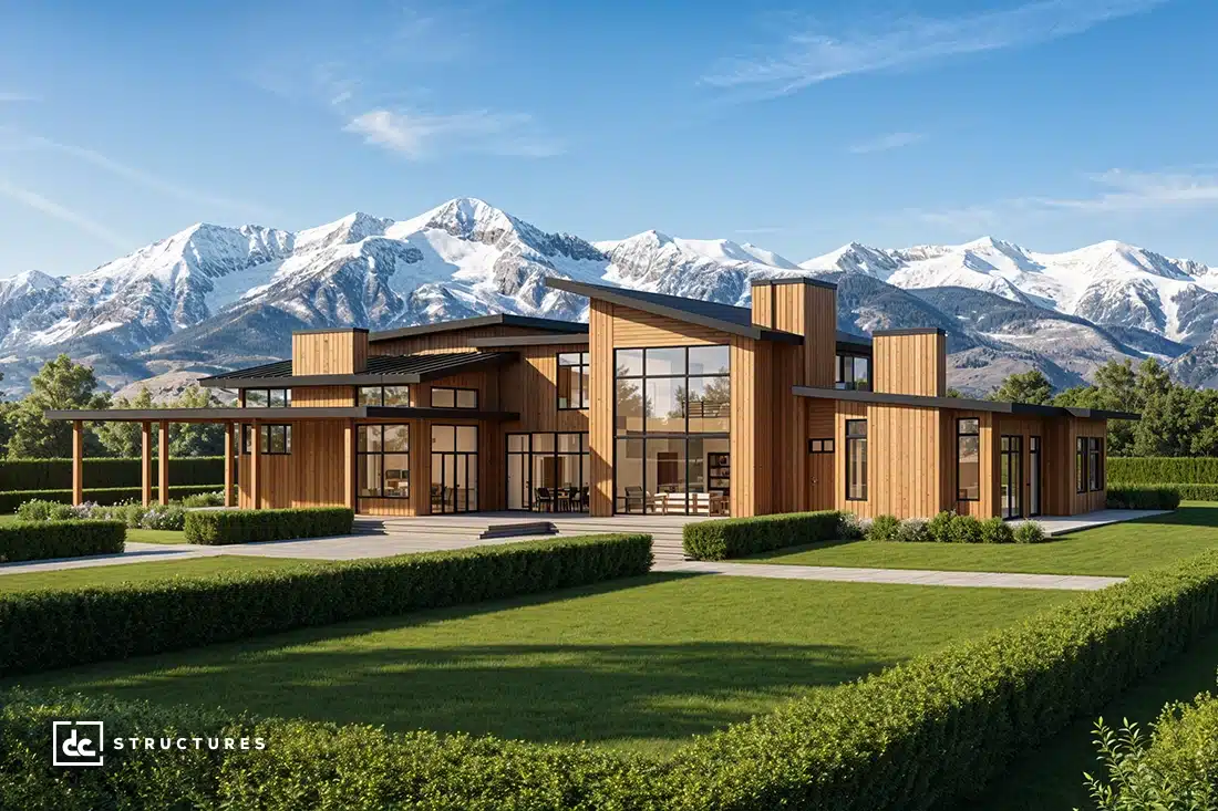 Modern wooden house with large windows and a patio, trimmed hedges, and snow-capped mountains under a clear blue sky.