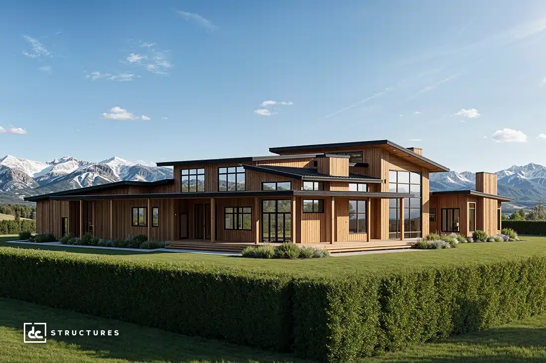 Modern wooden house with large windows, manicured hedge, green lawn, snow-capped mountains, and clear blue sky in the background.