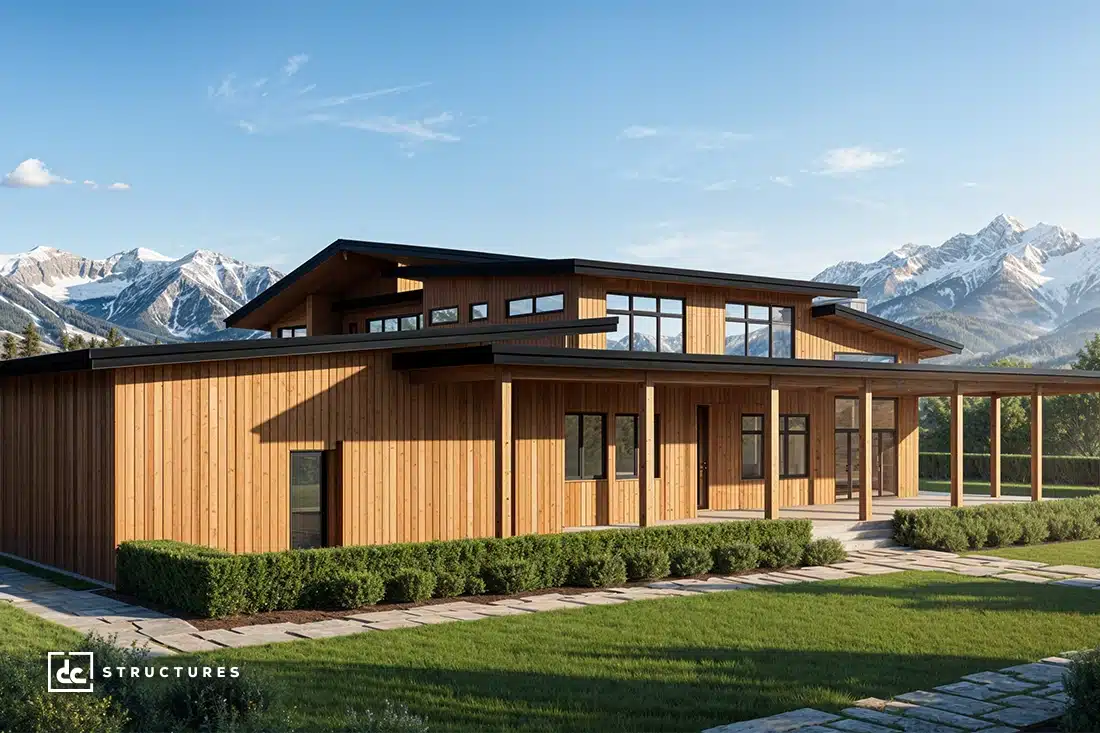 A modern wooden house with large windows and a wraparound porch, set by green lawn, hedges, and snow-capped mountains under blue sky.