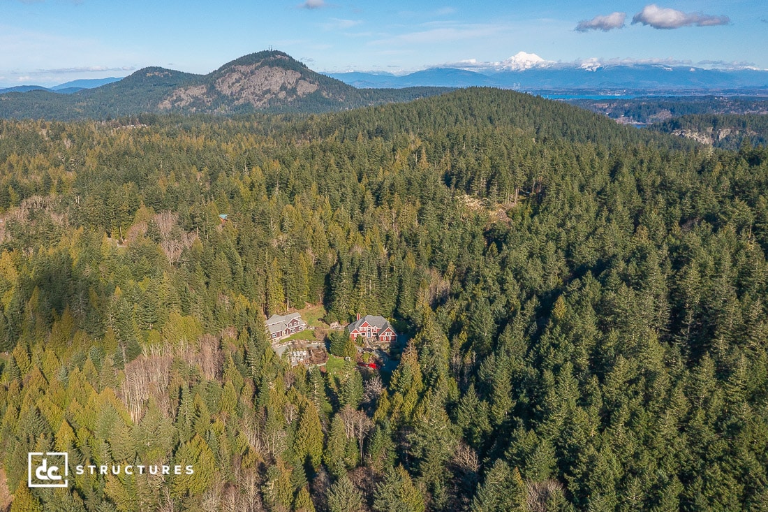 An aerial view of two houses nestled within a dense evergreen forest with mountains visible in the distance.