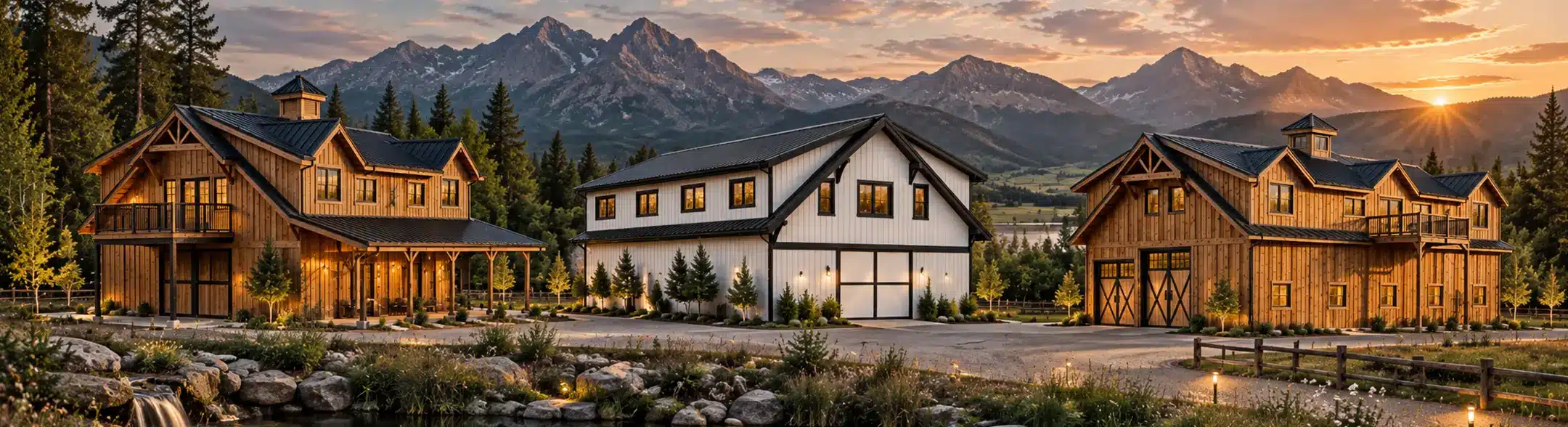 Three rustic barn-style houses with large windows sit among trees, with towering mountains and a glowing sunset in the background. A small pond and landscaped garden are visible in the foreground.